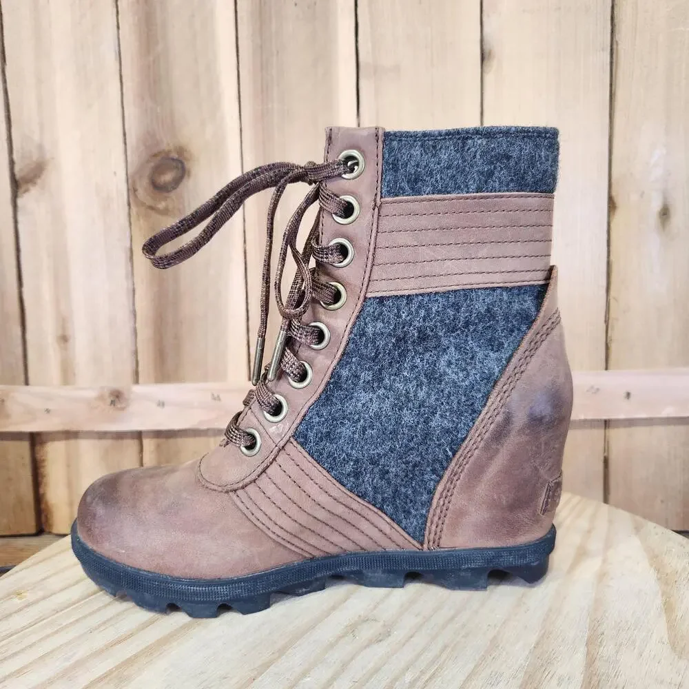 Sorel Lexie Wedge Boots Womens 7 Brown Leather Felt Lace Up Bootie Ankle Winter